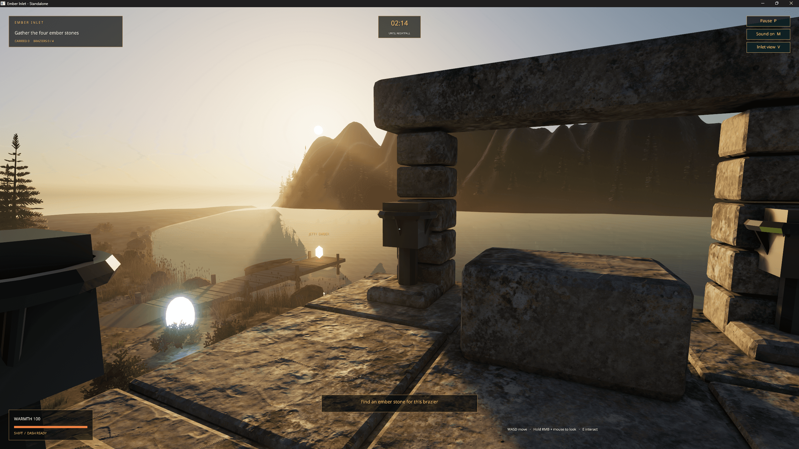 Ember Inlet: a stone terrace with braziers above a wooden jetty and a lake in golden sunset light