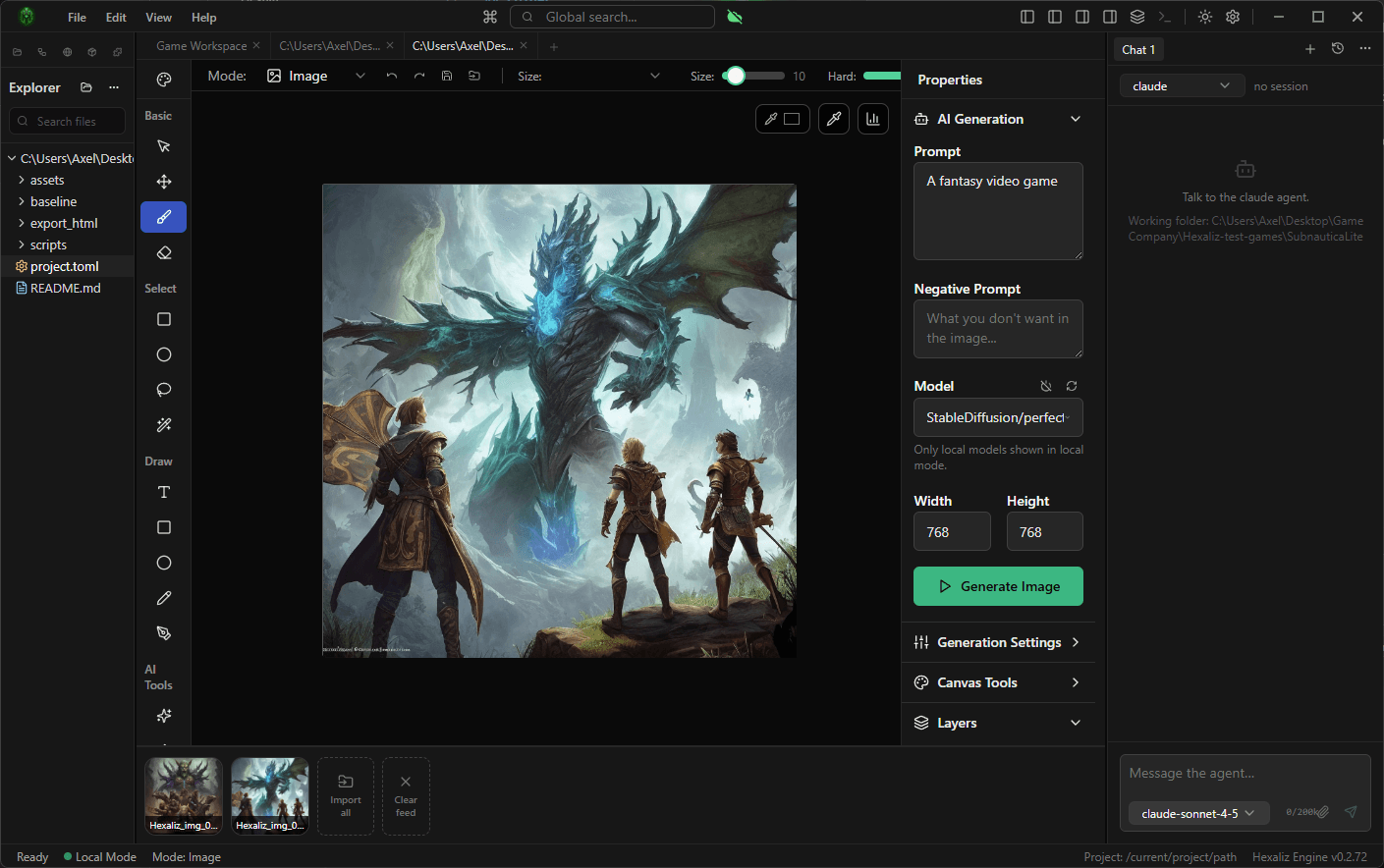 Hexaliz Engine editor — AI image generation inside the engine
