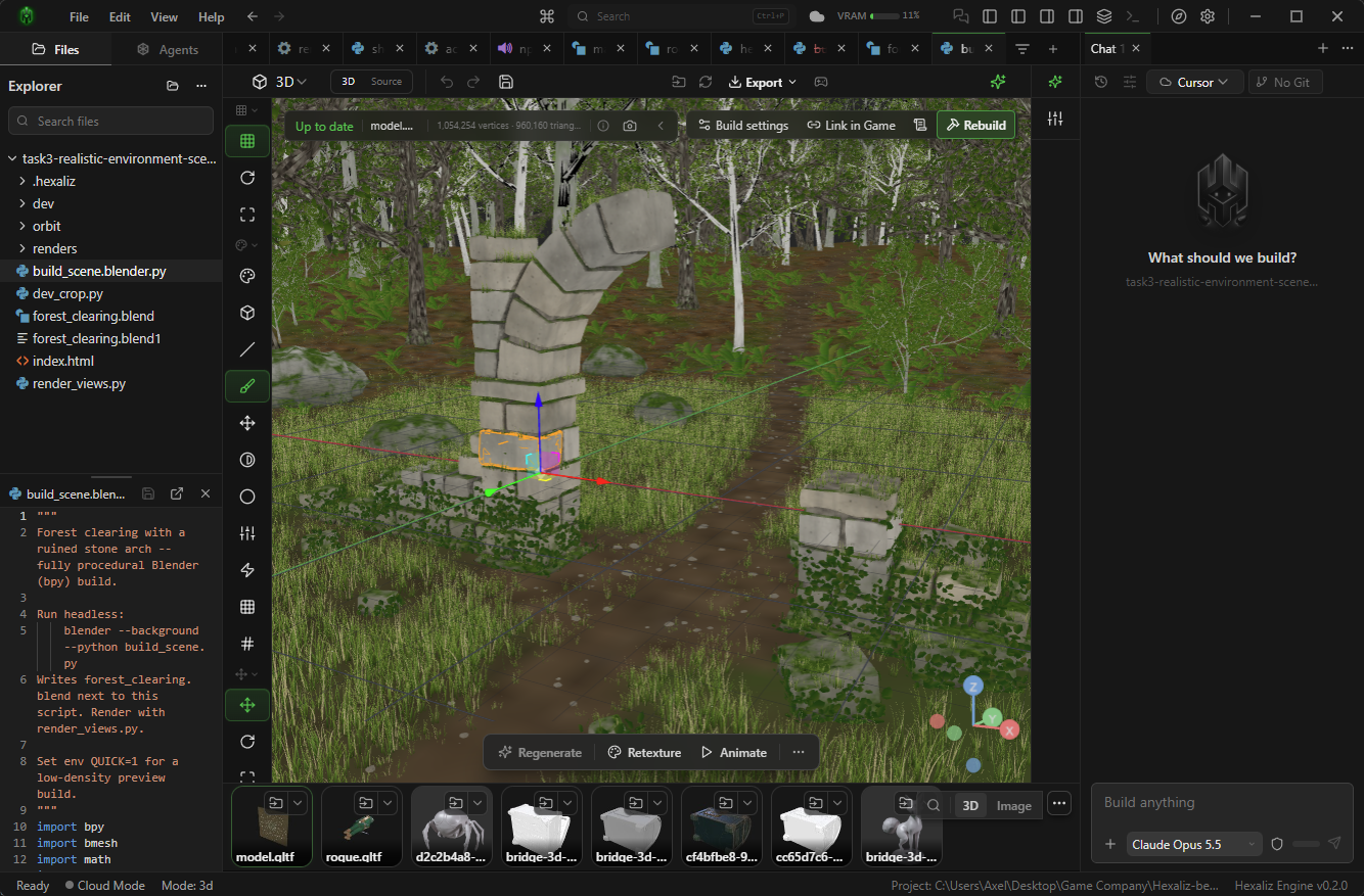 Blender Python source beside a forest scene with build and Link in Game controls in Hexaliz