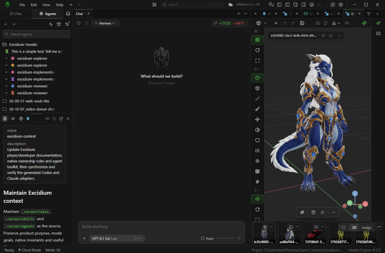 Hexaliz Agent focus with project conversations, Codex chat and a 3D character beside it